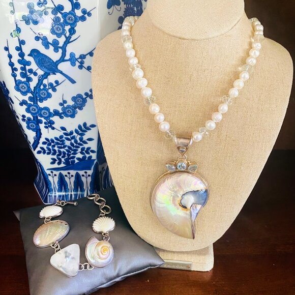 Vintage Jewelry - 💜 Vintage Nautilus Shell 925 Aqua Marine Pearl Pendant Necklace & Bracelet Set